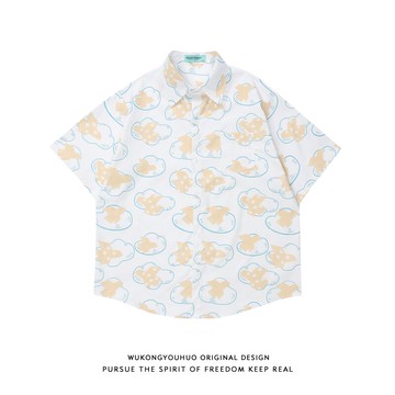 悟空有貨夏季ins原宿風滿印短袖襯衫男女潮牌寬松bf休閑情侶襯衣