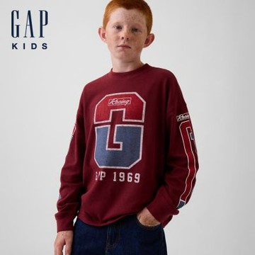 【GAP】兒童厚磅寬鬆圖案T恤-酒紅色(908837)