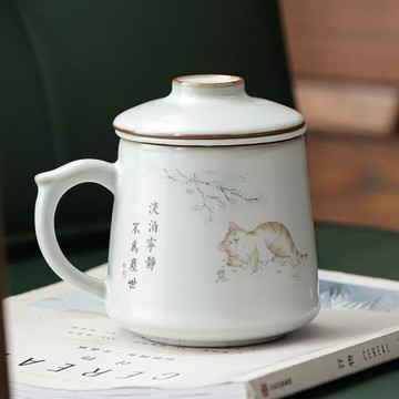 悟茶事 汝窯茶杯個人杯辦公室茶水分離老板杯帶蓋家用陶瓷水杯