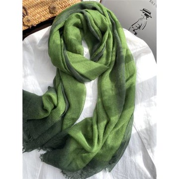 文藝墨綠漸變色圍巾女春秋款優雅長款棉麻紗巾秋冬季保暖毛邊休閑