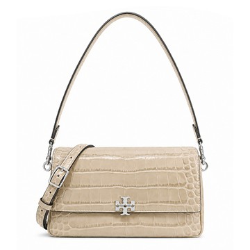 TORY BURCH CHARLIE 鱷魚紋皮革翻蓋肩背/斜背兩用包(小/奶茶棕)