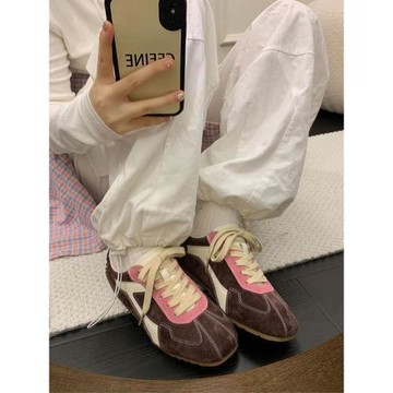 復古解構德訓鞋女2025秋季真皮百搭平底休閑運動鞋系帶拼色阿甘鞋