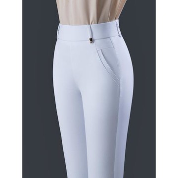 白色休閑褲女士春秋季新款高腰女褲顯瘦中年媽媽褲子彈力直筒褲子