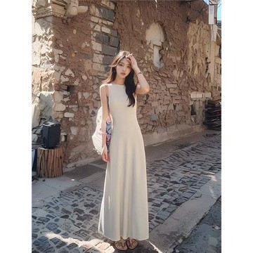 韓版新款氣質無袖背心連衣裙女設計感時尚百搭收腰顯瘦長裙子夏季