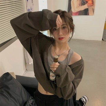 韓版復古V領假兩件露肩長袖上衣【W343】