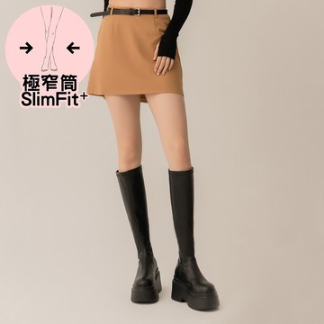 【極窄筒】《輕彈力》極簡輕量厚底靴(長筒) 黑 L-2432SS