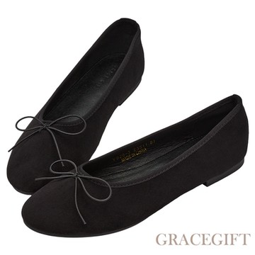【Grace Gift】模範甜心蝴蝶結芭蕾舞平底娃娃鞋 黑