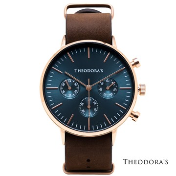 【Theodora's】Apollo 中性三眼瘋馬皮腕錶 三眼湖水綠-瘋馬皮深棕