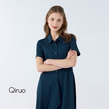 Qiruo奇若春夏專櫃深綠色時尚洋裝3213F下擺荷葉款