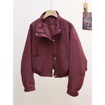 酒紅色立領工裝外套女秋新款寬松休閑韓版小個子短款時尚風衣夾克