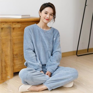 簡約秋冬季圓領暖暖套裝珊瑚絨睡衣女加絨加厚法蘭絨家居服可外穿