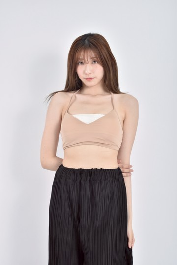 加購優惠(S) 【里唯私服】the shape質感 bra top掛脖綁帶卡其杏色上衣