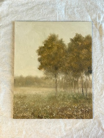 原創油畫 秋樹 風景畫 迷霧田野 8x10 硬紙板藝術