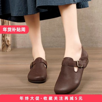 2025新款手工女鞋平底圓頭淺口搭扣單鞋真皮軟底復古百搭休閑皮鞋