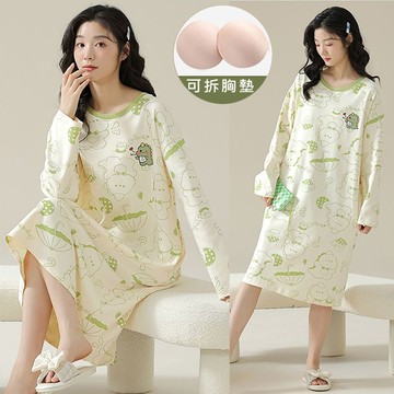 【韓國K.W.】KBM4553現貨韓國恐龍子棉胸墊可外穿一件式休閒家居服(連身裙/長袖/睡裙)
