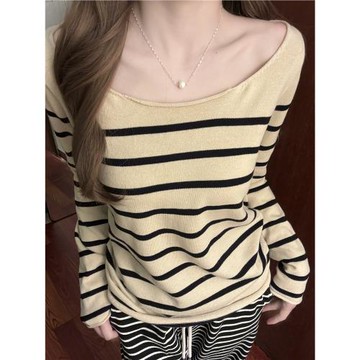 BM新款撞色條紋大圓領長袖針織衫上衣女秋季顯瘦打底衫露肩毛衣