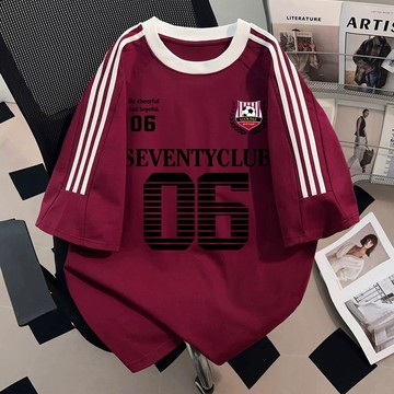 純棉三條杠短袖 寬鬆上衣 拼接撞色短袖女 短袖 oversize 美式大t 下半身失蹤 運動上衣 設計感上衣 球衣風
