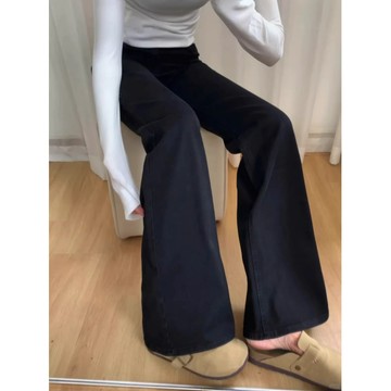 【Veee】牛仔長褲女 美式復古 黑色微喇褲子 韓系寬褲 牛仔褲女 復古不貼腿 微喇叭牛仔褲 顯瘦不貼腿喇叭長褲