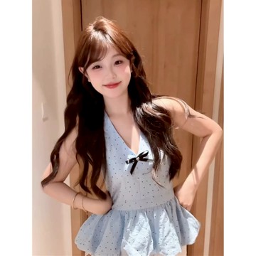 【ABCD】短袖上衣 法式上衣 掛脖背心 波點上衣 女短版上衣 甜美上衣 辣妹上衣 修身上衣 ins 風衣服