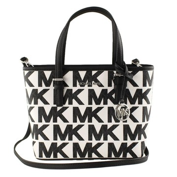 MICHAEL KORS - 雙色滿版LOGO皮革托特兩用包-黑白