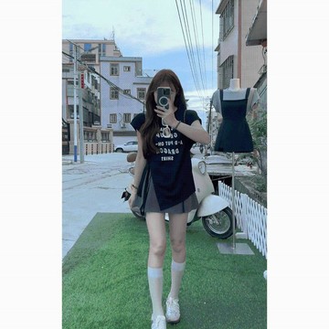 【24時熱賣】大碼夏季新款設計感小衆字母正肩短袖T恤女胖MM不規則開叉上衣