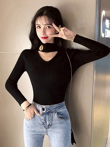 長袖針織衫女秋冬新款洋氣黑色掛脖打底衫毛衣復古高領上衣潮1入