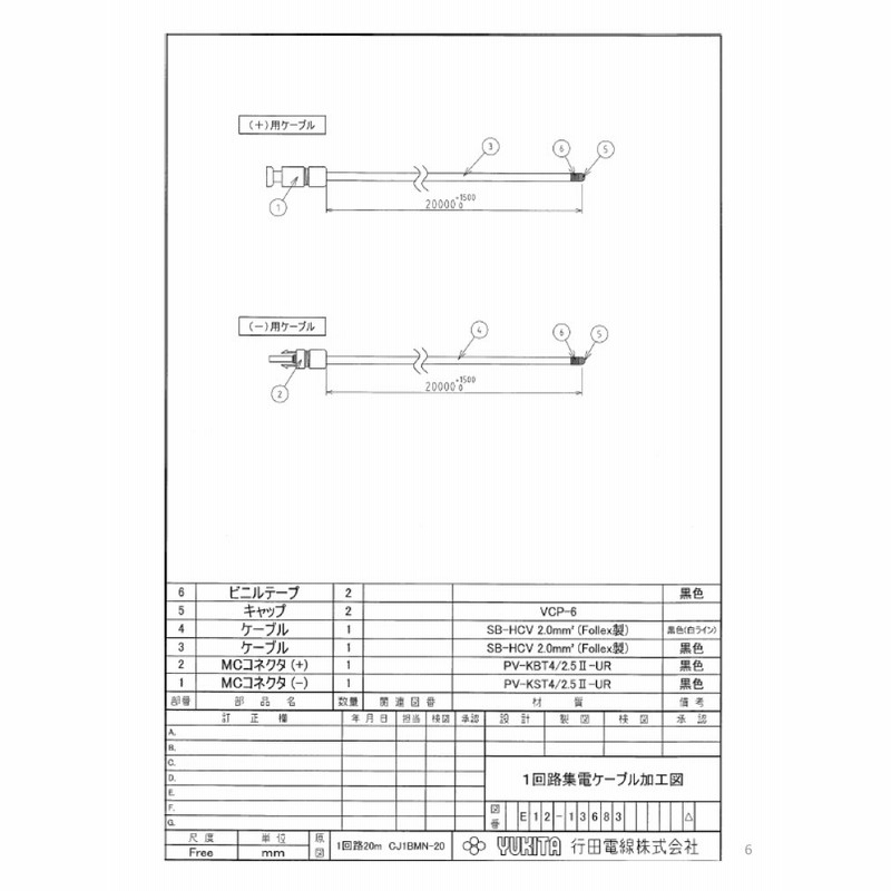 太陽光1回路～4回路集電ケーブル 20m CJBMN-20 ソーラーフロンティア 