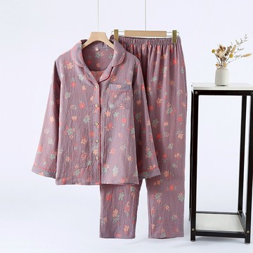 100%純棉長袖睡衣女 春夏秋色織提花雙層紗翻領居家服套裝寬鬆大尺碼長袖家居服