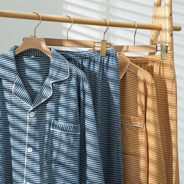 秋冬純棉磨毛法蘭絨情侶睡衣千鳥格襯衫式男女家居服套裝長袖長褲