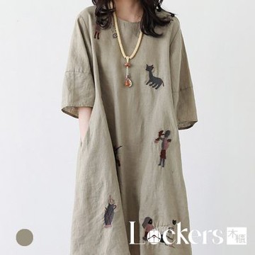 【Lockers 木櫃】亞麻刺繡連身裙 L114071804