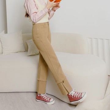 OB嚴選中大尺碼-高含棉釦飾抽鬚開衩直筒長褲《BA6986》