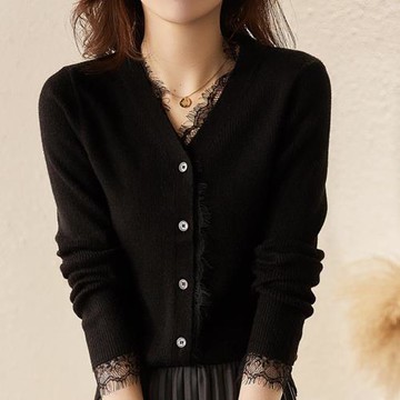 白領哥弟新新款女裝2025春季時尚V領修身蕾絲拼接羊毛針織開衫女