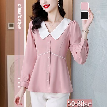 法式娃娃領撞色收腰排釦上衣(2色) L-4XL【174526X】【現+預】☆流行前線☆