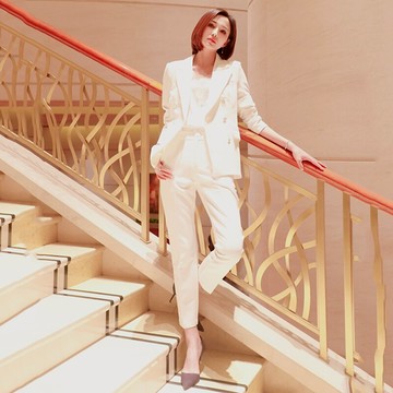 明星同款2020春季小香風西裝女套裝氣質白色西服外套九分褲兩件套
