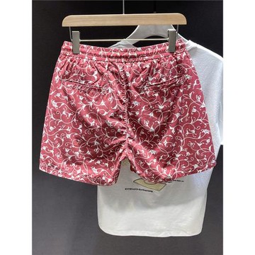 酒紅色休閑短褲男夏季薄款抽繩松緊腰吸汗透氣寬松印花四分褲子男