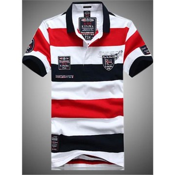 鯊魚夏季短袖T恤男士翻領純棉刺繡寬松大碼萊卡棉條紋POLO衫