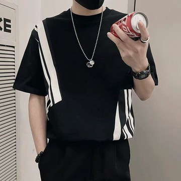 男生條紋短袖上衣 寬版 透氣 條紋拼色短袖夏季男裝上衣25年新款潮流寬鬆半袖痞帥體恤120618