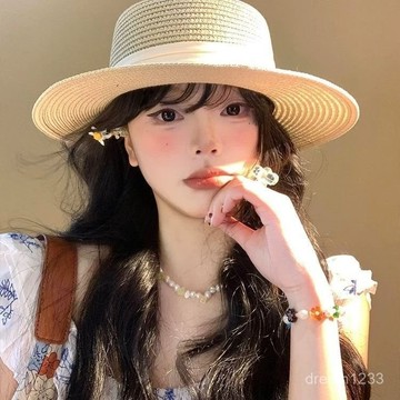 海邊度假🌟 法式夏季平簷草帽遮陽帽遮陽禮帽防曬海邊帽子度假草編沙灘平頂沙灘帽 防曬帽