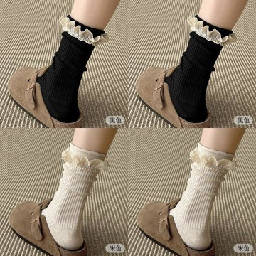 ✨元氣新品✨【熊賤賤】韓系蕾絲花邊襪子女中筒春秋款ins風甜美少女純色堆堆長襪QJSD