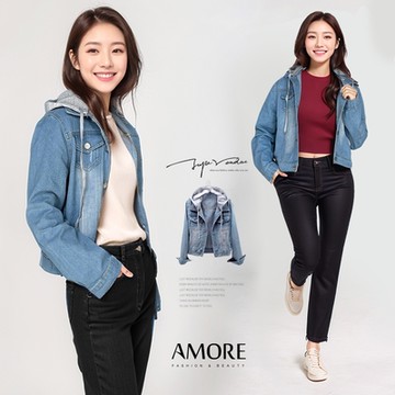 【Amore】經典牛仔風格拼接連帽牛仔夾克外套M-2XL