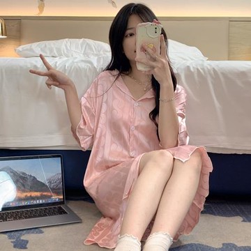睡裙女夏季薄款冰絲性感露肩時尚洋氣網紅絲綢短袖睡衣夏天可外穿