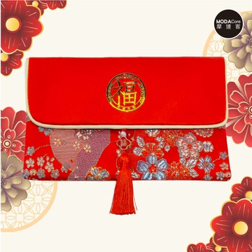 MODACore 摩達客 - ◉春節開運招財◉高級綢緞橫式金福字太陽花流蘇藝術紅包袋錢包/單入