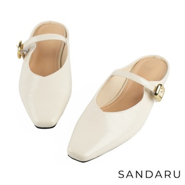 山打努SANDARU-穆勒鞋 方頭金釦瑪莉珍拖鞋-米白
