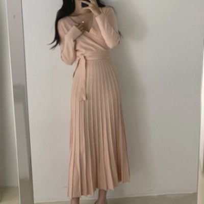 春新作 ミモレ丈 プリーツ 冬 お呼ばれ ロング丈 ニットワンピース オフィス カシュクール ひざ下丈 ロング プリーツワンピース 無 長袖 通販 Lineポイント最大get Lineショッピング