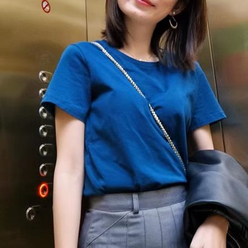 歐貨藍色正肩短袖t恤女2026夏季新款寬松百搭小眾漂亮白色上衣潮