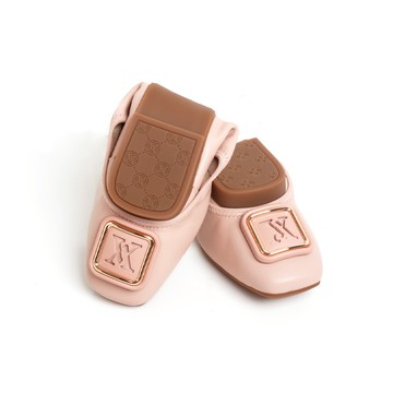 芳達2· 全真皮金框logo方頭摺疊平底娃娃鞋-藕粉(版型偏小1碼)