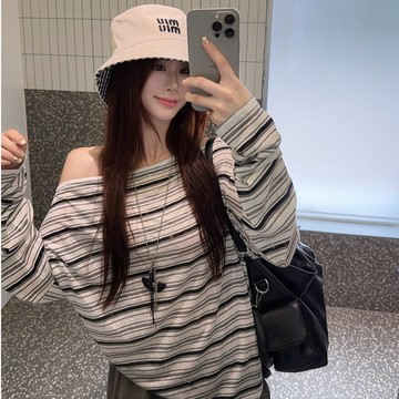 【台灣出貨🔥】 CUCU原創品質 織條後背镂空系帶長袖T恤女秋季休閑寬松條紋上衣