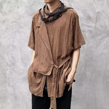 𝒚𝒐𝒖𝒓® 𝒔𝒕𝒖𝒅𝒊𝒐|現+預 日本服飾 以休眠 夏季 提花鏤空 肌理感 復古綁帶設計 短袖襯衫 拼接襯衣 4552