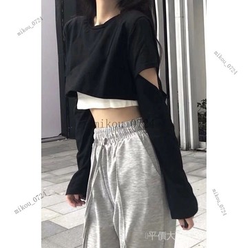 🎇免運特價✨2021新款港風假兩件長袖T恤女高腰露臍短款打底寬鬆ins學生上衣潮#免運