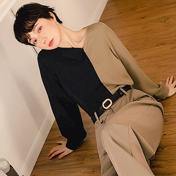 OB嚴選-V領不對稱撞色拼接不易皺長袖上衣(附腰綁帶)